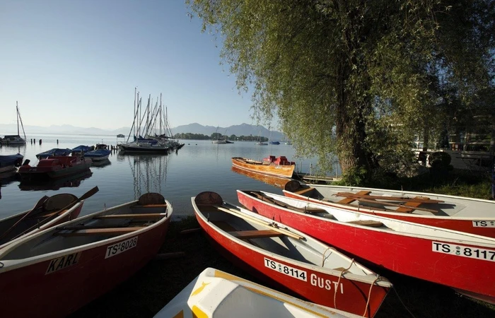 Ruderboote am Chiemsee mit Blick auf den See