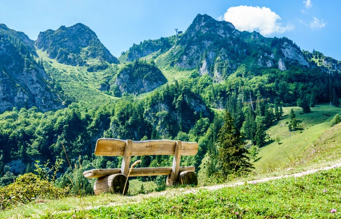 Auf der Alm (Mittelstation) vom Hochfelln steht eine Bank mit Blick in die Bergruppe.