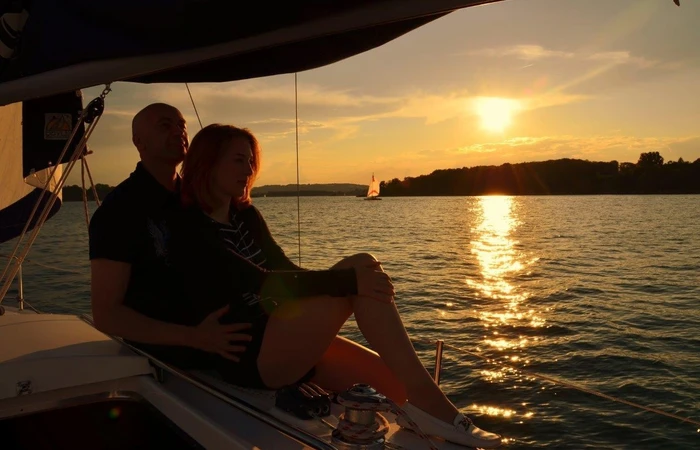 Pärchen segelt auf dem Chiemsee in den Sonnenuntergang 