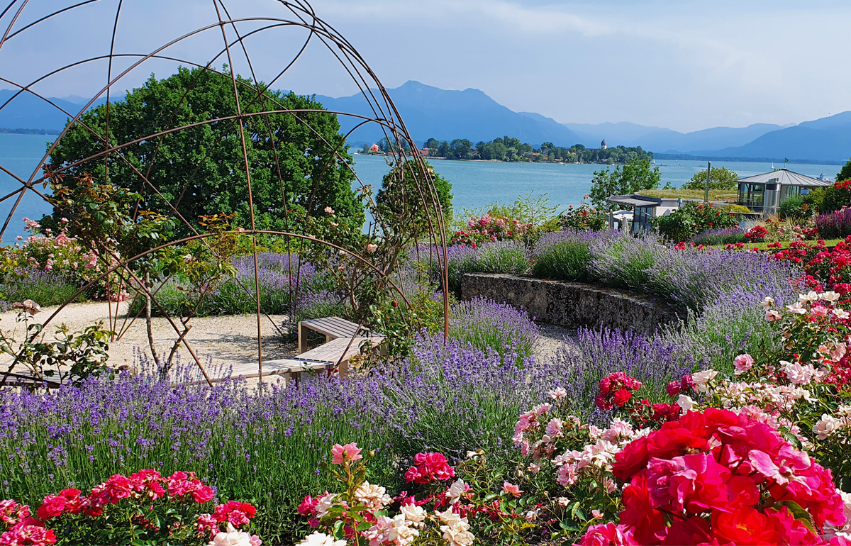 Im Blumengarten von Gstadt am Chiemsee mit Blick zur Fraueninsel