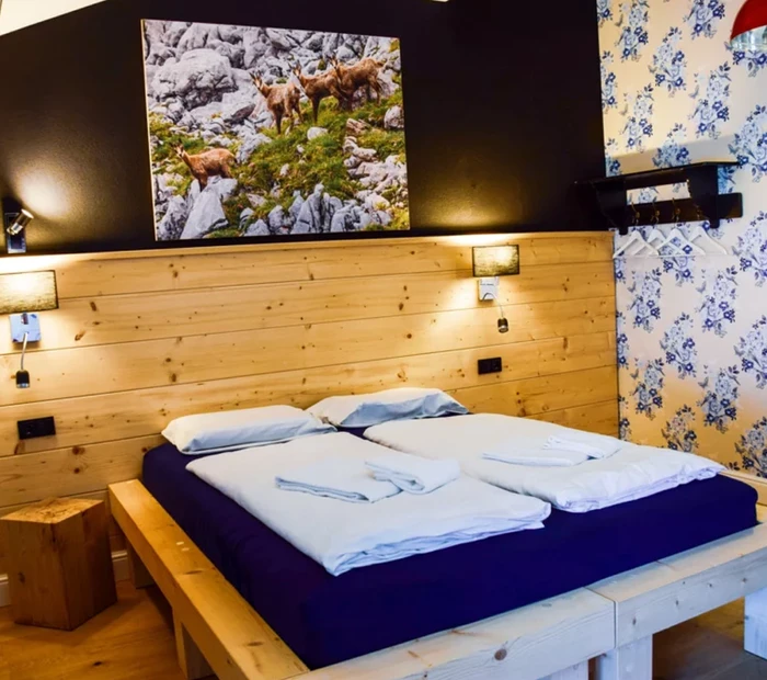 Comfortplus Zimmer im alpinen Style mit floraler Tapete in blau und Gämsenbild über dem Bett