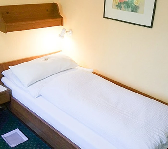 Einzelzimmer Standard mit Bett und Wandregal