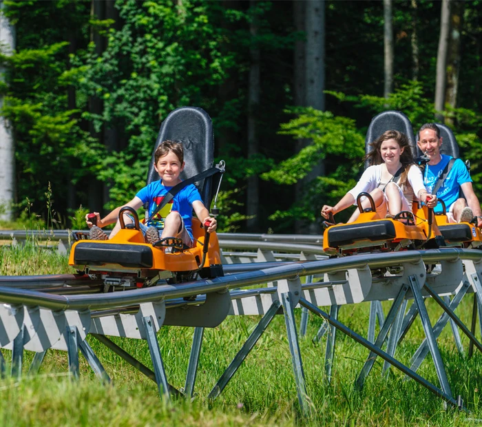 Familie auf der Sommerrodelbahn