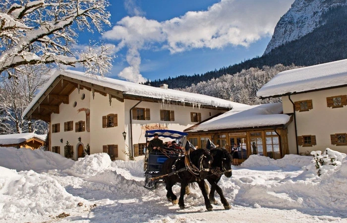Pferdekutsche vor Hotel im Winter im Schnee