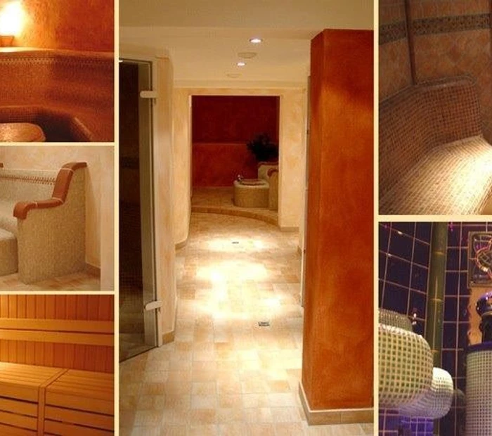Collage des Wellnessbereichs mit Sauna, Dampfbad und Fußbecken